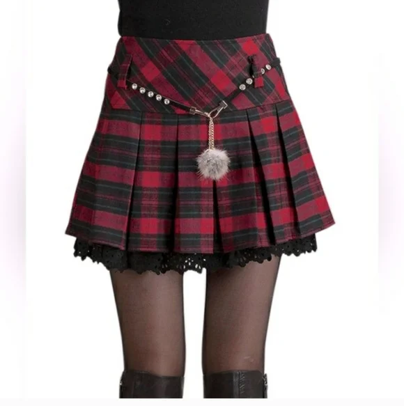Chou Yatou Red Plaid Skirt With Black Eyelet Trim Size XXL - Picture 2 of 16